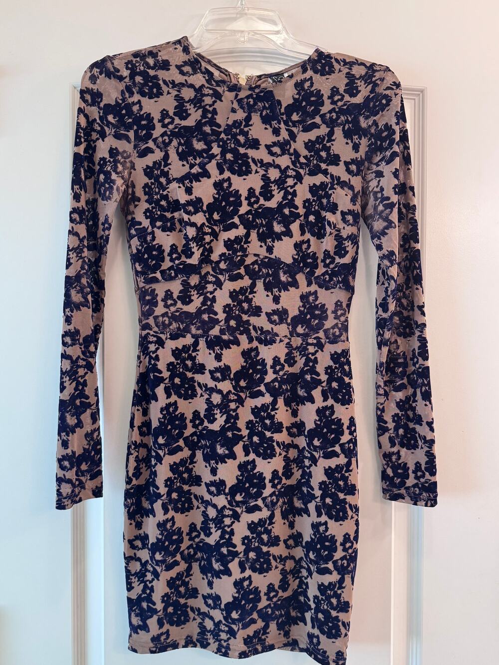 Windsor Floral Flocked Bodycon Dress Nude Navy Velvet Long Sleeve XS-S